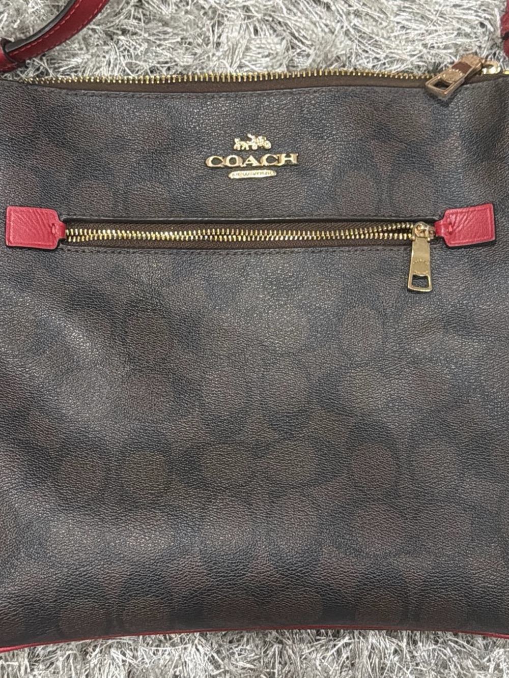 Coach Brown Signature Crossbody with Red Trim and Gold Hardware